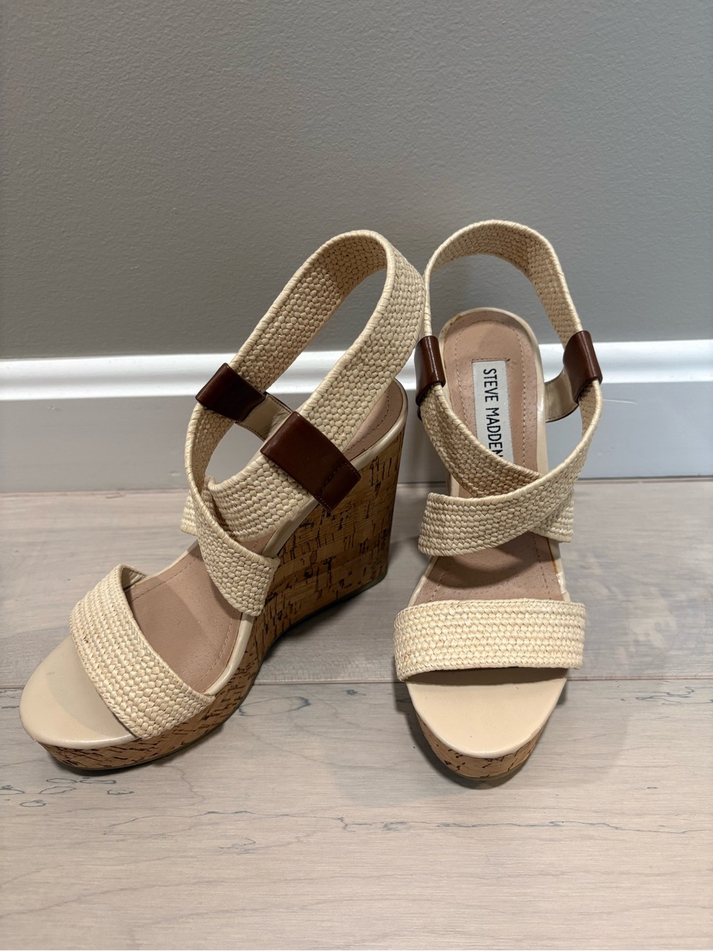 Steve Madden Cream Braided Cork Wedge Sandals with Brown Accents